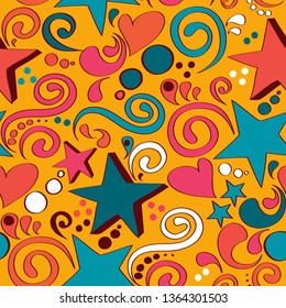 Seamless pattern with hand drawn style stars and hearts, vector illustration