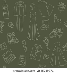 Padrão contínuo desenhado à mão estilo ilustração vetor para ocasiões, casamento e eventos de vestido, casaco e sapatos