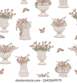 Padrão contínuo desenhado à mão estilo ilustração vetor para ocasiões, casamento e eventos de colunas florais e pote