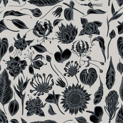 Seamless Pattern With Hand Drawn Stylized African Daisies, Fuchsia, Gloriosa, King Protea, Anthurium, Strelitzia