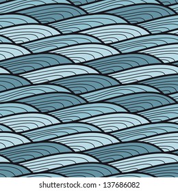 Seamless pattern. Hand drawn stylized waves. Ocean cartoon texture