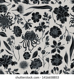 Seamless pattern with hand drawn stylized japanese chrysanthemum, blackberry lily, eucalyptus flower, anemone, iris japonica, sakura