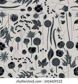 Seamless pattern with hand drawn stylized astilbe, craspedia, blue eryngo, lagurus, cotton, gypsophila