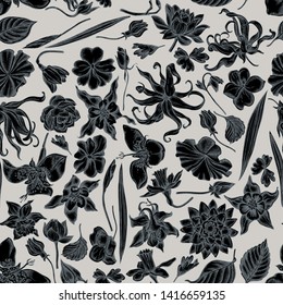 Seamless pattern with hand drawn stylized ylang-ylang, impatiens, daffodil, tigridia, lotus, aquilegia