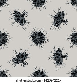 Seamless pattern with hand drawn stylized black caraway