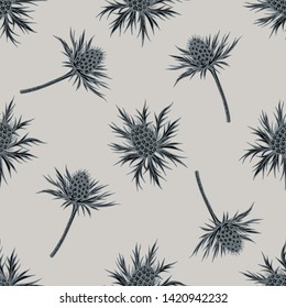 Seamless pattern with hand drawn stylized blue eryngo