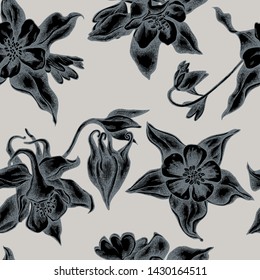 Seamless pattern with hand drawn stylized aquilegia