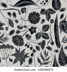 Seamless pattern with hand drawn stylized aloe, calendula, lily of the valley, nettle, strawberry, valerian