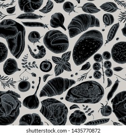 Seamless pattern with hand drawn stylized garlic, cherry tomatoes, peas, fish, shrimp, cabbage, beef, buns and bread, croissants and bread, basil, rosemary