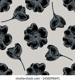 Seamless pattern with hand drawn stylized dog rose