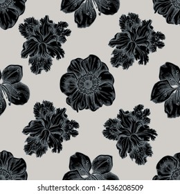 Seamless pattern with hand drawn stylized anemone, iris japonica, sakura