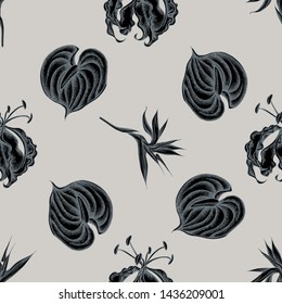 Seamless pattern with hand drawn stylized gloriosa, anthurium, strelitzia