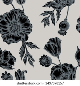 Seamless pattern with hand drawn stylized poppy flower