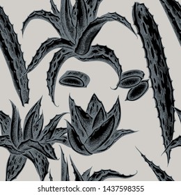 Seamless pattern with hand drawn stylized aloe