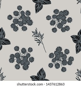 Seamless pattern with hand drawn stylized angelica, basil, rosemary