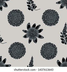 Seamless pattern with hand drawn stylized dandelion, ginger, passion flower