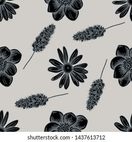 Seamless pattern with hand drawn stylized celandine, chamomile, peppermint