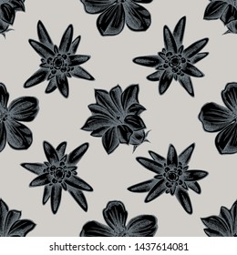 Seamless pattern with hand drawn stylized edelweiss, meadow geranium, gentiana