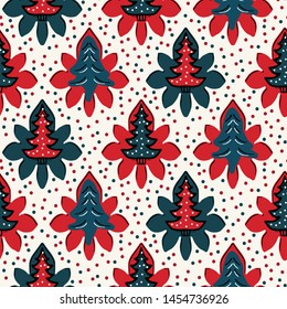 Seamless pattern. Hand drawn stylized Christmas tree floral. Poinsettia flower dot background. Traditional winter holiday all over print. Festive yule gift wrapping paper illustration. Vector swatch