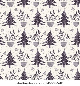 Seamless pattern. Hand drawn stylized Christmas tree. Fir leaf berries plan. Green background. Traditional winter holiday all over print. Festive yule gift wrapping paper illustration. Vector swatch