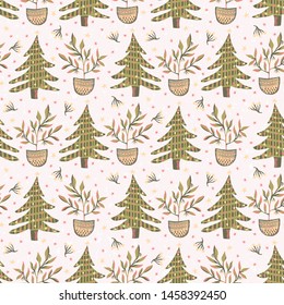 Seamless pattern. Hand drawn stylized Christmas tree. Fir leaf berries plan.  Festive yule gift wrapping paper illustration. 