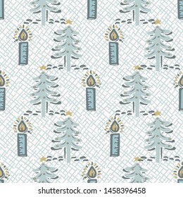 Seamless pattern. Hand drawn stylized Christmas tree and lit candle.  Traditional winter holiday all over print. 