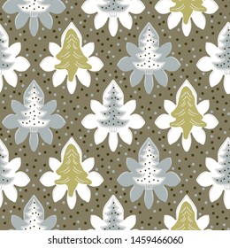 Seamless pattern. Hand drawn stylized Christmas tree floral. Poinsettia flower dot background. Traditional winter holiday all over print. 