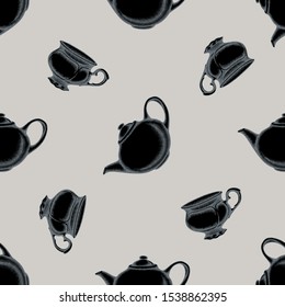 Seamless pattern with hand drawn stylized teapots, cups