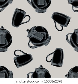 Seamless pattern with hand drawn stylized teapots, cups