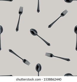 Seamless pattern with hand drawn stylized spoon, fork