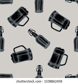 Seamless pattern with hand drawn stylized mug of beer, bottles of beer