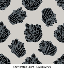 Seamless pattern with hand drawn stylized cupcake, cake