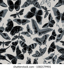 Seamless pattern with hand drawn stylized papilio ulysses, morpho menelaus, graphium androcles, morpho rhetenor cacica, papilio demoleus, cethosia biblis, alcides agathyrsus, ornithoptera priamus