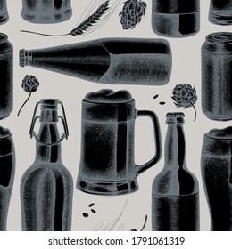 Seamless pattern with hand drawn stylized rye, hop, mug of beer, bottles of beer, aluminum can