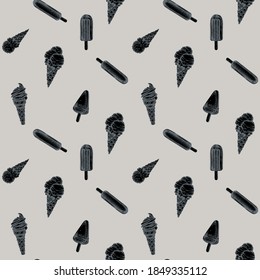 Seamless pattern with hand drawn stylized popsicle ice cream, ice cream cones