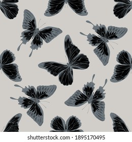Seamless pattern with hand drawn stylized blue emperor, menelaus blue morpho, blue morpho