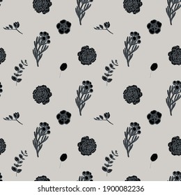 Seamless pattern with hand drawn stylized ficus, eucalyptus, peony, cotton, freesia, brunia