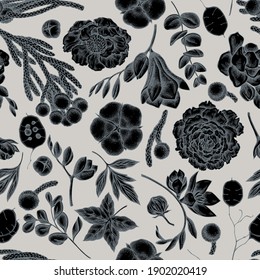 Seamless pattern with hand drawn stylized ficus, eucalyptus, peony, cotton, freesia, brunia