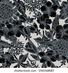 Seamless pattern with hand drawn stylized plumeria, allamanda, clerodendrum, champak, etlingera, ixora