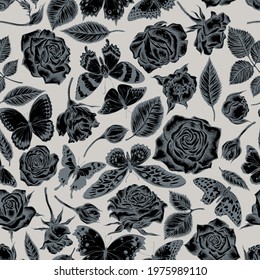 Seamless pattern with hand drawn stylized lemon butterfly, red lacewing, african giant swallowtail, alcides agathyrsus, purple spotted swallowtail, forest mother-of-pearl, great orange-tip, jungle