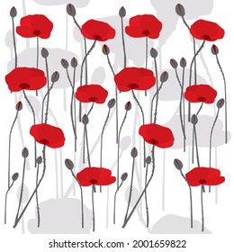 Seamless pattern with hand drawn stylized poppies on white background