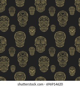 Seamless pattern with hand drawn sugar skulls. Day of the dead. Dia de los muertos. Vector illustration