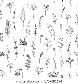 Seamless pattern of hand drawn summer herbs. Collection of doodle floral element. black silhouette. Spring and summer symbol. Contour otline drawing of simple black twig for design,logo