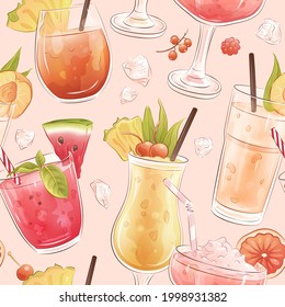 Seamless pattern with hand drawn summer cocktails. Vector illustration