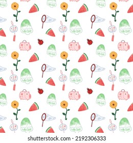 Seamless Pattern With Hand Drawn Summer Objects. Watermelon, Wind Chimes, Sunflower, Katori Buta And Bug Catcher. Cute Repeat Texture. Vector Illustration EPS