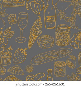 Seamless pattern of hand drawn summer food icons. Mediterranean dolce vita. Sketchy, whimsical style.