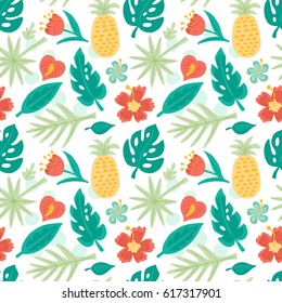 Seamless pattern with hand drawn summer tropical leaves and flowers. Can be used for wrapping paper, wedding invitation, wallpaper and textile design. Vector illustration