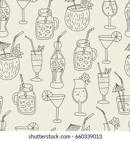 Seamless pattern with hand drawn summer cocktails and smoothie