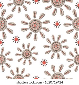 Seamless pattern with hand drawn sun in the scandinavian style on a white background. Doodle, simple outline illustration. It can be used for decoration of textile, paper.