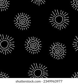 Patrón sin brillo con sol dibujado a mano. Blanco y negro. Ilustración vectorial en estilo doodle sobre fondo blanco